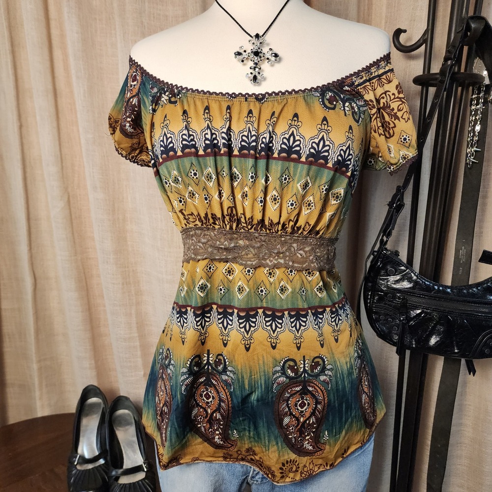 Agenda Y2K Boho Paisley Off Shoulder Babydoll Lace Trim Top XL Whimsigoth
